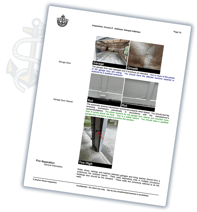A CT Home Inspection report page displays images of garage door wood rot, garage floor growth, a garage door opener issue, and insufficient fire separation, each labeled with descriptive text.