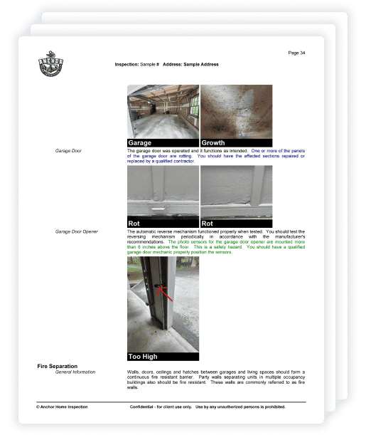 A CT Home Inspection report page showing labeled photos of a garage with issues like growth, rot, and a door opener mounted too high, along with explanatory text for each issue.